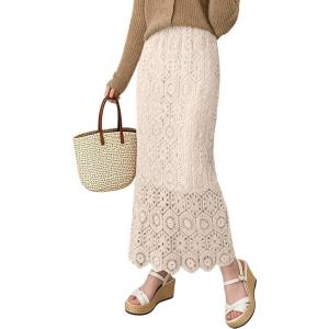 imagechouyatou Womens Bodycon Floral Embroidered Knit Skirt Lace Crochet Eyelet Pencil Flared Midi SkirtApricot