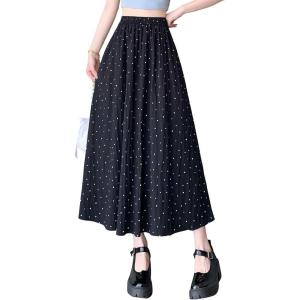 imagechouyatou Womens Boho Ditsy Polka Dot ALine Skirt Elastic Waist Swing Pleated Midi Long Skirt with PocketsBlack