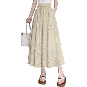 imagechouyatou Womens Boho Ditsy Polka Dot ALine Skirt Elastic Waist Swing Pleated Midi Long Skirt with PocketsKhaki