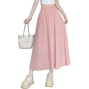imagechouyatou Womens Boho Ditsy Polka Dot ALine Skirt Elastic Waist Swing Pleated Midi Long Skirt with PocketsPink