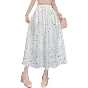 imagechouyatou Womens Boho Ditsy Polka Dot ALine Skirt Elastic Waist Swing Pleated Midi Long Skirt with PocketsWhite