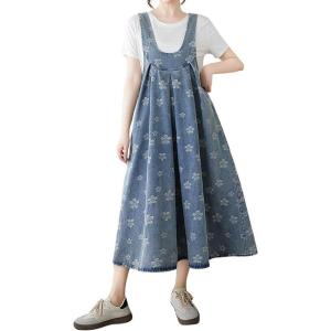 imagechouyatou Womens Boho Floral Embroidery Denim Overall Dress ALine Tie Knot Back Midi Long Jean Jumper DressBlue
