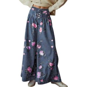 imagechouyatou Womens Boho Wide Leg Floral Denim Pants Pleated Elastic Waist Drawstring Palazzo JeansBlue
