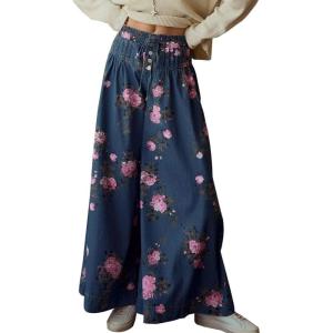 imagechouyatou Womens Boho Wide Leg Floral Denim Pants Pleated Elastic Waist Drawstring Palazzo JeansDark Blue