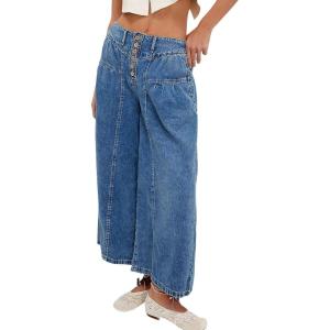imagechouyatou Womens Boyfriend Baggy Jeans Flare Wide Leg Denim Pants Elastic Waist Button Pleated Culotte JeansDark Blue