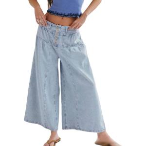 imagechouyatou Womens Boyfriend Baggy Jeans Flare Wide Leg Denim Pants Elastic Waist Button Pleated Culotte JeansLight Blue