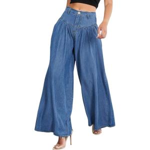 imagechouyatou Womens Boyfriend Flare Wide Leg Denim Pants Baggy High Waist Pleated Ruffle Culotte JeansBlue