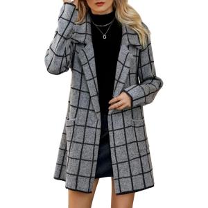 imagechouyatou Womens Business Casual Plaid Sweater Cardigan Open Front Notched Lapel Knit Blazer Jacket CoatDark Grey