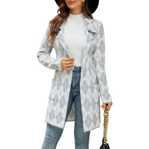 imagechouyatou Womens Business Casual Plaid Sweater Cardigan Open Front Notched Lapel Knit Blazer Jacket CoatGrey