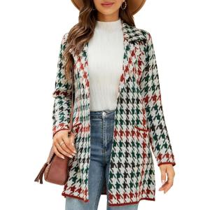 imagechouyatou Womens Business Casual Plaid Sweater Cardigan Open Front Notched Lapel Knit Blazer Jacket CoatRed Green