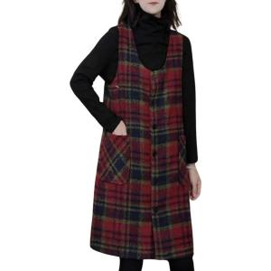imagechouyatou Womens Button Down Wool Overall Jumper Dress Vintage Plaid Tunic Tank Short Dress with PocketsRed