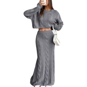 imagechouyatou Womens Cable Knitted 2 Piece Knit Sets Cropped Sweater Maxi Bodycon Skirt Two Piece Fall OutfitsGrey