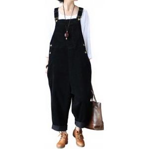 imagechouyatou Womens Cargo Corduroy Harem Overall Pants Wide Leg Adjustable Strap Bib Jumpsuit with PocketsBlack
