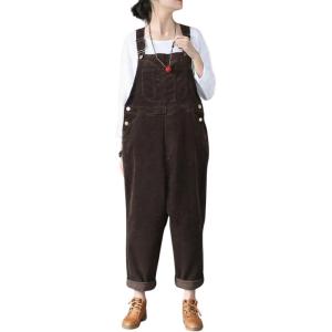 imagechouyatou Womens Cargo Corduroy Harem Overall Pants Wide Leg Adjustable Strap Bib Jumpsuit with PocketsBrown