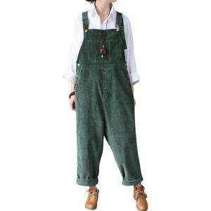 imagechouyatou Womens Cargo Corduroy Harem Overall Pants Wide Leg Adjustable Strap Bib Jumpsuit with PocketsGreen
