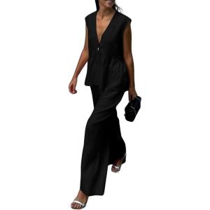 imagechouyatou Womens Casual 2 Piece Outfits Peplum Ruffle Tank Top Wide Leg Long Palazzo Pants Matching SetBlack