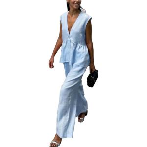 imagechouyatou Womens Casual 2 Piece Outfits Peplum Ruffle Tank Top Wide Leg Long Palazzo Pants Matching SetLight Blue