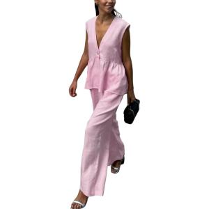 imagechouyatou Womens Casual 2 Piece Outfits Peplum Ruffle Tank Top Wide Leg Long Palazzo Pants Matching SetPink