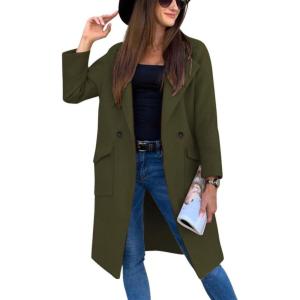 imagechouyatou Womens Casual Double Breasted Long Wool Coat Notched Lapel Office Work Wool Blend Trench Pea CoatArmy Green