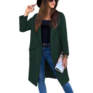 imagechouyatou Womens Casual Double Breasted Long Wool Coat Notched Lapel Office Work Wool Blend Trench Pea CoatDark Green