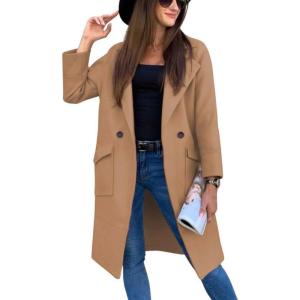 imagechouyatou Womens Casual Double Breasted Long Wool Coat Notched Lapel Office Work Wool Blend Trench Pea CoatKhaki