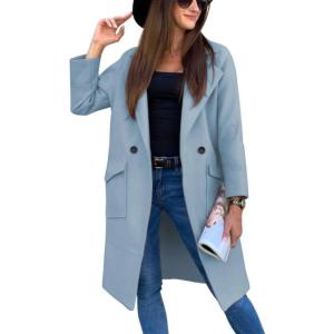 imagechouyatou Womens Casual Double Breasted Long Wool Coat Notched Lapel Office Work Wool Blend Trench Pea CoatLight Blue