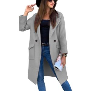 imagechouyatou Womens Casual Double Breasted Long Wool Coat Notched Lapel Office Work Wool Blend Trench Pea CoatLight Gray