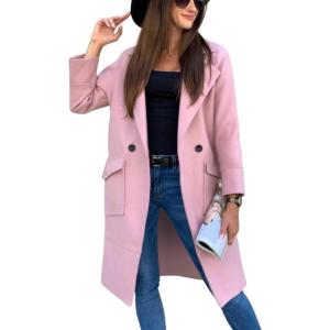 imagechouyatou Womens Casual Double Breasted Long Wool Coat Notched Lapel Office Work Wool Blend Trench Pea CoatPink