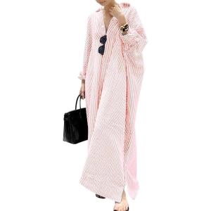 imagechouyatou Womens Casual Long Sleeve Button Down Loose Striped Cotton Maxi Shirt DressOrange Pink