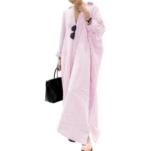 imagechouyatou Womens Casual Long Sleeve Button Down Loose Striped Cotton Maxi Shirt DressPink