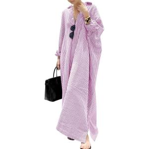 imagechouyatou Womens Casual Long Sleeve Button Down Loose Striped Cotton Maxi Shirt DressPurple