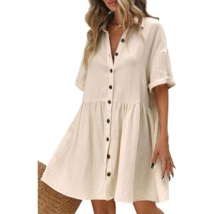 imagechouyatou Womens Casual Short Sleeve Button Down Mini Shirt Dress Cotton Babydoll Tunic Loose Beach DressApricot
