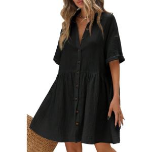 imagechouyatou Womens Casual Short Sleeve Button Down Mini Shirt Dress Cotton Babydoll Tunic Loose Beach DressBlack