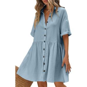 imagechouyatou Womens Casual Short Sleeve Button Down Mini Shirt Dress Cotton Babydoll Tunic Loose Beach DressLight Blue