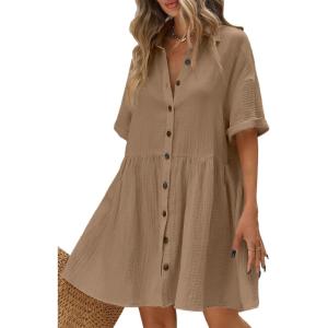 imagechouyatou Womens Casual Short Sleeve Button Down Mini Shirt Dress Cotton Babydoll Tunic Loose Beach DressLight Brown