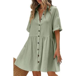 imagechouyatou Womens Casual Short Sleeve Button Down Mini Shirt Dress Cotton Babydoll Tunic Loose Beach DressLight Green
