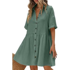 imagechouyatou Womens Casual Short Sleeve Button Down Mini Shirt Dress Cotton Babydoll Tunic Loose Beach DressOcean Green