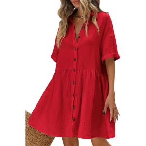 imagechouyatou Womens Casual Short Sleeve Button Down Mini Shirt Dress Cotton Babydoll Tunic Loose Beach DressRed