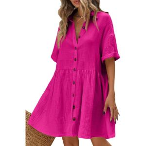 imagechouyatou Womens Casual Short Sleeve Button Down Mini Shirt Dress Cotton Babydoll Tunic Loose Beach DressRose Red