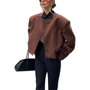 imagechouyatou Womens Casual Single Breasted Cropped Wool Blazer Jacket Contrast Collar Wool Blend Short Pea Coat OvercoatBrown