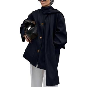 imagechouyatou Womens Casual Single Breasted Wool Coat with Scarf Office Work Wool Blend Trench Pea Coat OvercoatBlack