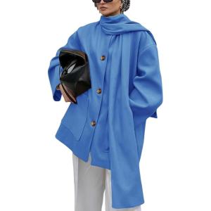 imagechouyatou Womens Casual Single Breasted Wool Coat with Scarf Office Work Wool Blend Trench Pea Coat OvercoatBlue