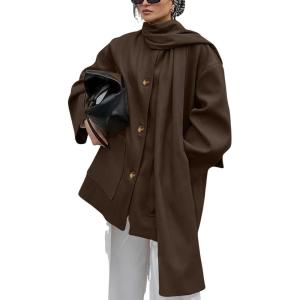 imagechouyatou Womens Casual Single Breasted Wool Coat with Scarf Office Work Wool Blend Trench Pea Coat OvercoatCoffee