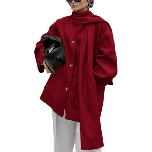 imagechouyatou Womens Casual Single Breasted Wool Coat with Scarf Office Work Wool Blend Trench Pea Coat OvercoatDark Red