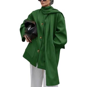 imagechouyatou Womens Casual Single Breasted Wool Coat with Scarf Office Work Wool Blend Trench Pea Coat OvercoatGreen