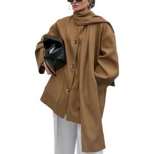 imagechouyatou Womens Casual Single Breasted Wool Coat with Scarf Office Work Wool Blend Trench Pea Coat OvercoatKhaki