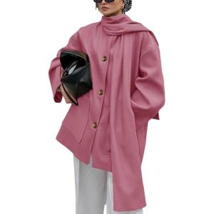 imagechouyatou Womens Casual Single Breasted Wool Coat with Scarf Office Work Wool Blend Trench Pea Coat OvercoatRose Red