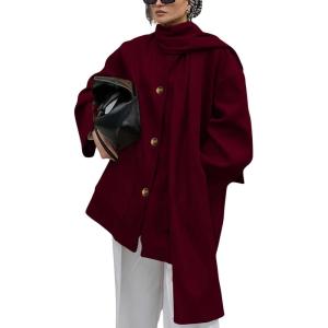 imagechouyatou Womens Casual Single Breasted Wool Coat with Scarf Office Work Wool Blend Trench Pea Coat OvercoatWine Red