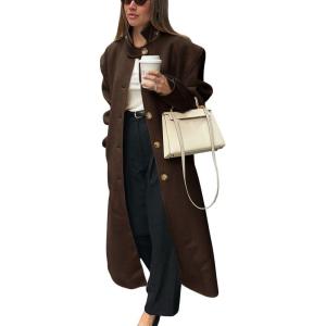 imagechouyatou Womens Casual Stand Collar Wool Coat Single Breasted Duster Long Trench Pea Coat Overcoat with PocketsCoffee