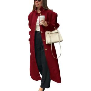 imagechouyatou Womens Casual Stand Collar Wool Coat Single Breasted Duster Long Trench Pea Coat Overcoat with PocketsDark Red
